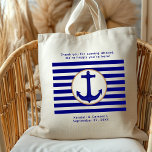 Nautical Navy Anchor Welcome Wedding Bag Tote Bag<br><div class="desc">De welkomsttas van de bestemming Cruise met anker- en marineblauwe strepen. Pas tekst op de bovenkant en onderaan de gastgasten aan aan een "cruise bruiloft", of "strand bruiloft" of wat u maar wilt. Voeg meer dan gekleurde, gewaagde manuscripttekst aan de bodem, met de namen van de bruid en groom en...</div>