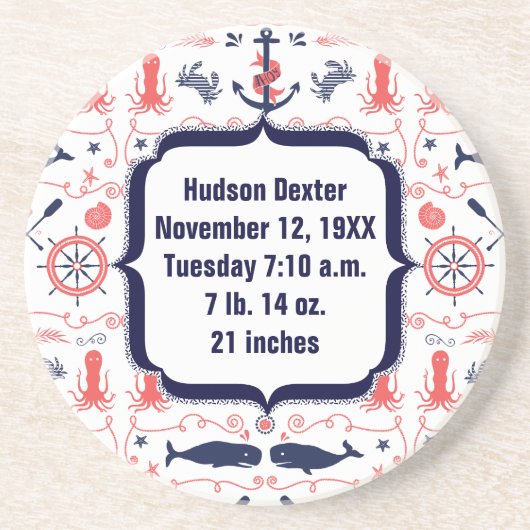 Nautical Navy Anchor, Whale Octopus Pattern Zandsteen Onderzetter (Voorkant)
