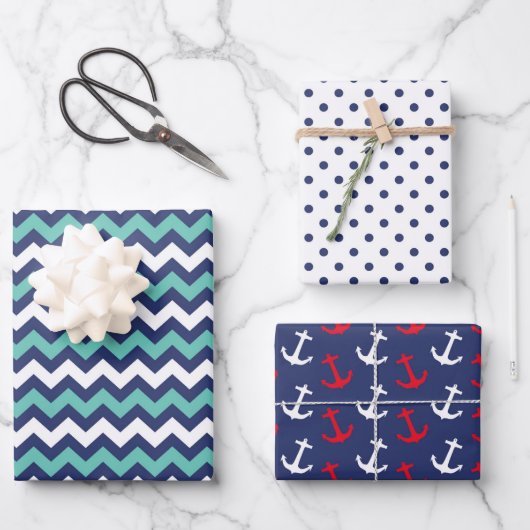 Nautical Navy Anchors Cute Polka Dot Zig Zag Boy Inpakpapier Vel (Voorkant)