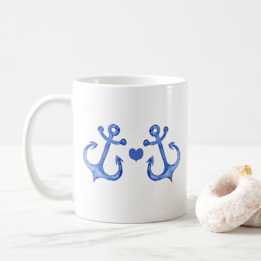 Nautical Navy Anchors & Heart Koffiemok (Met donut)