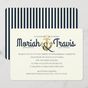 Nautical Navy and Gold Anchor Wedding Kaart