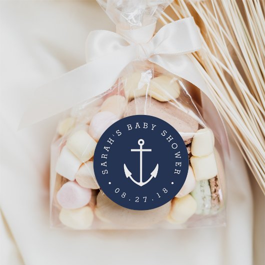 Nautical Navy and White Anchor Baby shower Ronde Sticker