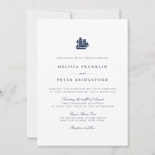 Nautical Navy and White Ship Wedding Invitation Kaart (Voorkant)