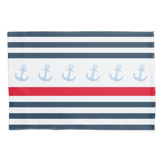 Nautical Navy and White Stripe Anchor Pillow Hoesj Kussensloop (Voorkant)