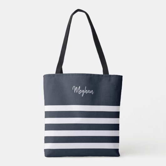 Nautical Navy and White Stripe gepersonaliseerd Tote Bag (Achterkant)