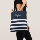 Nautical Navy and White Stripe gepersonaliseerd Tote Bag (Dichtbij)