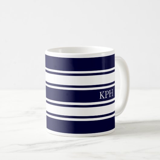 Nautical Navy and White Stripe Monogram Koffiemok (Voorkant rechts)