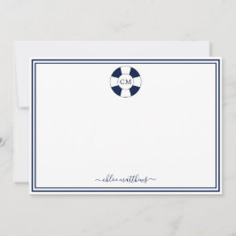 Nautical Navy and White Stripe Monogram Note Kaart Notitiekaartje