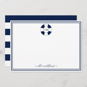 Nautical Navy and White Stripe Monogram Note Kaart Notitiekaartje