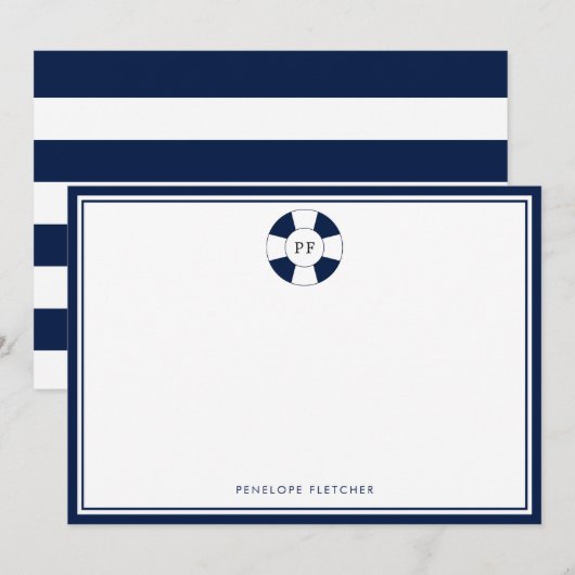 Nautical Navy and White Stripe Monogram Note Kaart Notitiekaartje (Voorkant / Achterkant)
