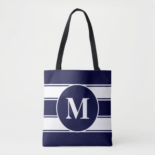Nautical Navy and White Stripe Monogram Tote Bag (Voorkant)