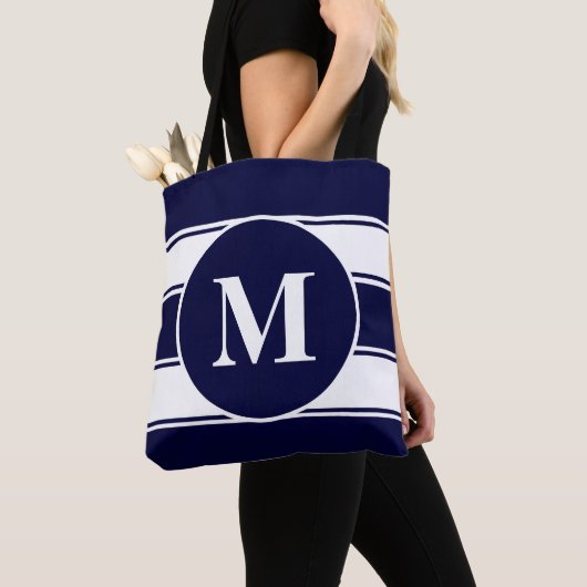 Nautical Navy and White Stripe Monogram Tote Bag (Dichtbij)