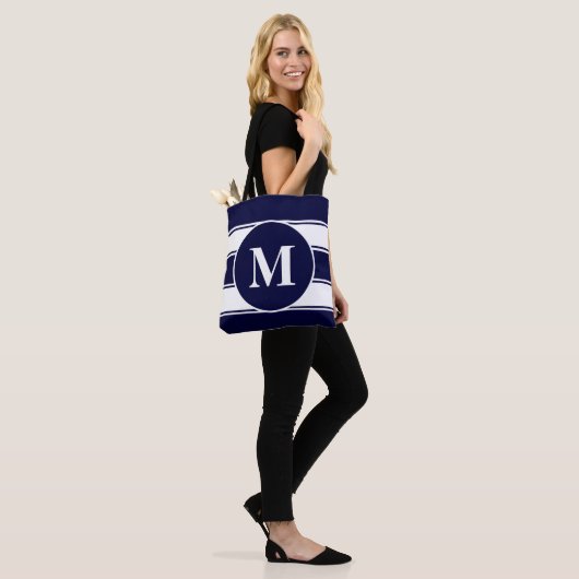 Nautical Navy and White Stripe Monogram Tote Bag (Op model)