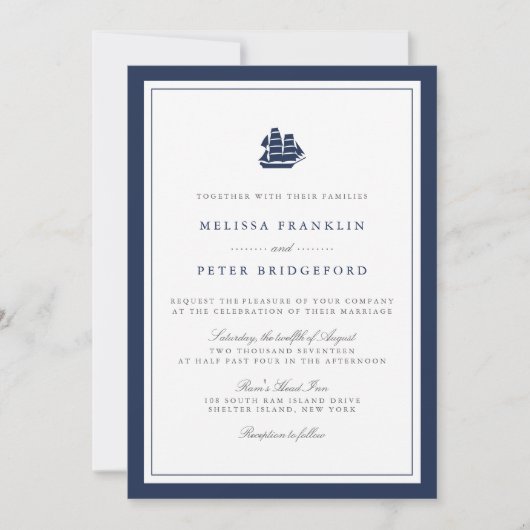 Nautical Navy and White Wedding Invitation | Schip Kaart (Voorkant)