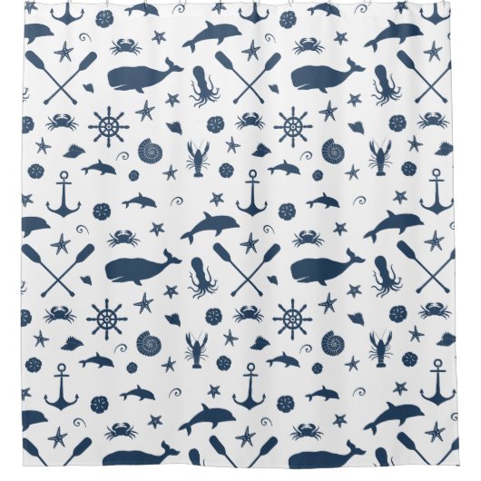 Nautical Navy and White Whale Dolpin Crab Elegant Douchegordijn (Voorkant)