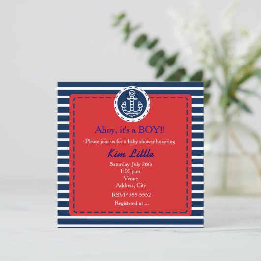 Nautical Navy Anker Red Baby shower Invitation Kaart (Staand voorkant)