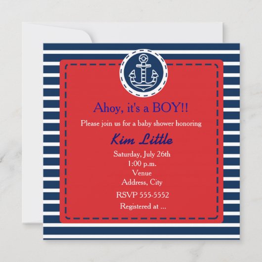 Nautical Navy Anker Rode Baby Shower Uitnodiging (Voorkant)