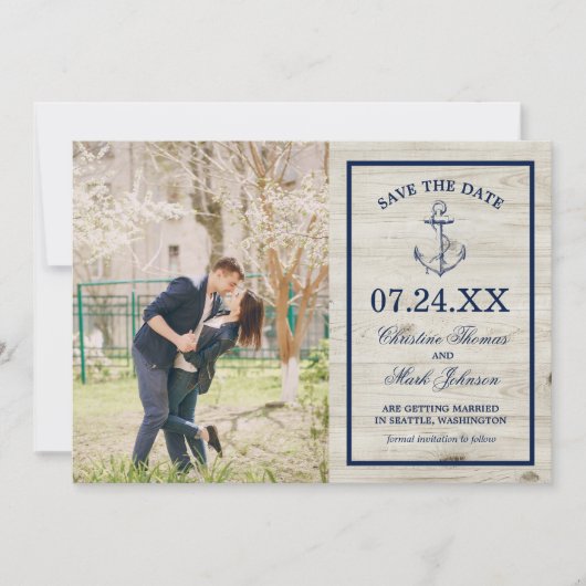 Nautical Navy Anker Rustiek Hout Save The Date (Voorkant)