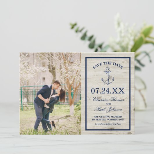 Nautical Navy Anker Rustiek Hout Save The Date (Staand voorkant)