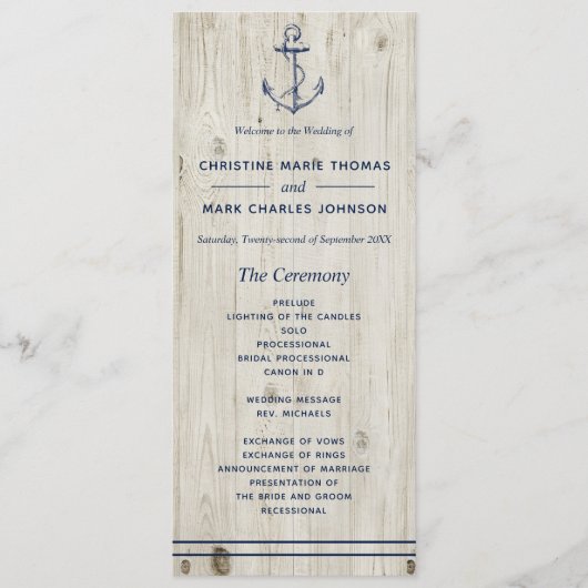 Nautical Navy Anker Rustieke Houten Bruiloft Programmakaart (Voorkant)