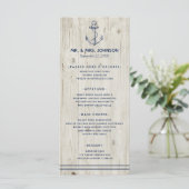 Nautical Navy Anker Zee Rustieke Houten Bruiloft Menu (Staand voorkant)
