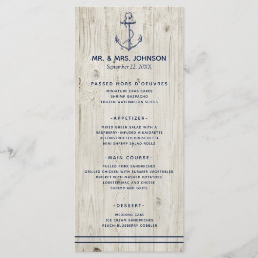 Nautical Navy Anker Zee Rustieke Houten Bruiloft Menu (Voorkant)