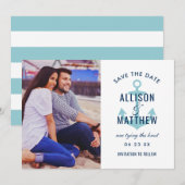 Nautical Navy Aqua Blue Anchor Wedding Photo Save The Date (Voorkant / Achterkant)