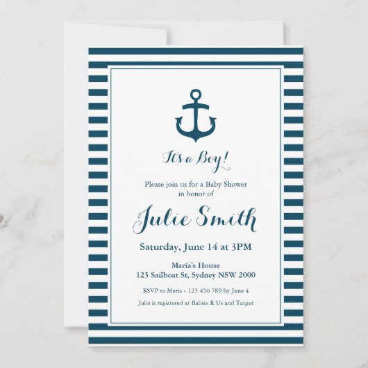 Nautical Navy Baby shower Invitation Kaart (Voorkant)