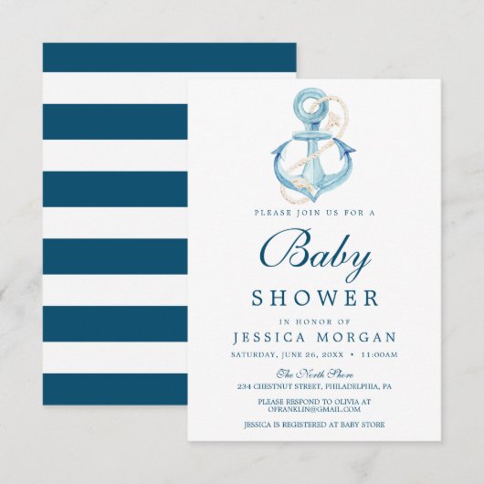 Nautical Navy Baby shower Uitnodiging Kaart (Voorkant / Achterkant)