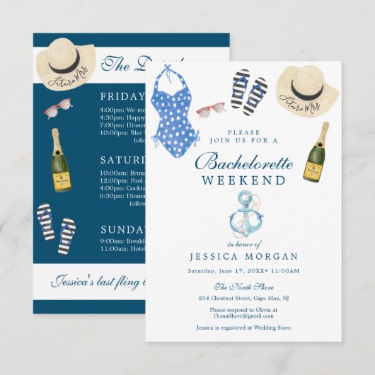 Nautical Navy Bachelorette Party Kaart (Voorkant / Achterkant)