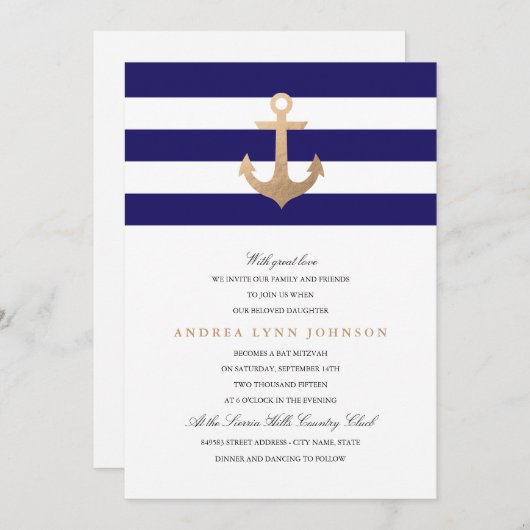 Nautical Navy Bat Mitzvah Kaart (Voorkant / Achterkant)
