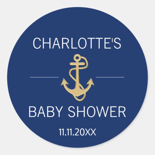 Nautical Navy Blauw Goud Anker Wit BABY SHOWER Ronde Sticker (Voorkant)