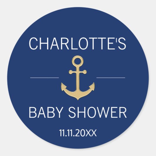 Nautical Navy Blauw Goud Anker Wit BABY SHOWER Ronde Sticker (Voorkant)