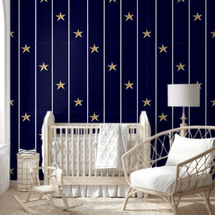 Nautical Navy Blauw Wit Strepen Gouden Sterren Behang