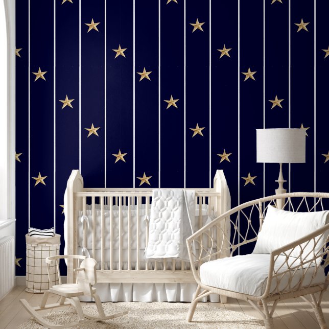 Nautical Navy Blauw Wit Strepen Gouden Sterren Behang (Kinderen)