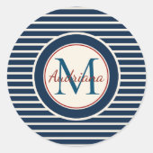 Nautical Navy Blauw Wit Strepen Monogram Ronde Sticker (Voorkant)