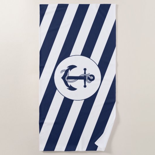 Nautical Navy Blauw & Wit Stripe Anker Strandlaken (Voorkant)