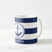 Nautical Navy blauwe strepen en anker gepersonalis Koffiemok (Voorkant rechts)