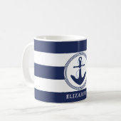 Nautical Navy blauwe strepen en anker gepersonalis Koffiemok (Voorkant links)