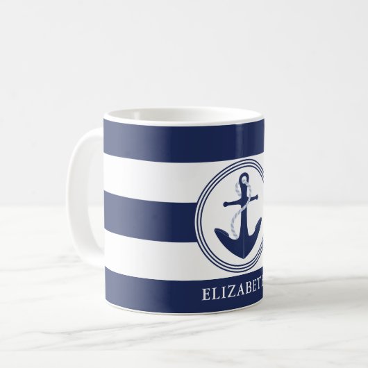 Nautical Navy blauwe strepen en anker gepersonalis Koffiemok (Voorkant links)