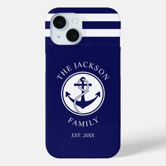 Nautical Navy Blauwe Strepen Patroon Familienaam Case-Mate iPhone Case (Achterkant)