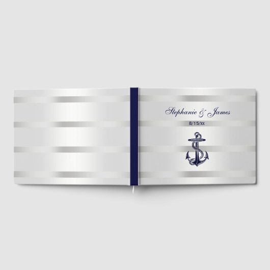 Nautical Navy Blu Anchor Silver White Gastenboek (Volledig)