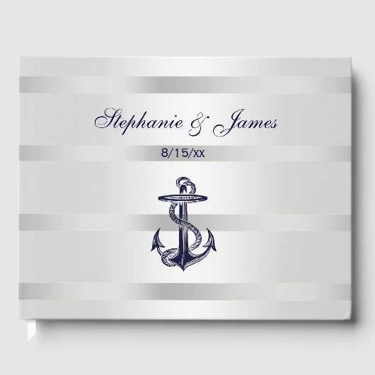 Nautical Navy Blu Anchor Silver White Gastenboek (Voorkant)