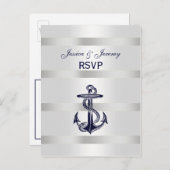 Nautical Navy Blu Anchor Silver Wht RSVP 1 Uitnodiging Briefkaart (Voorkant / Achterkant)