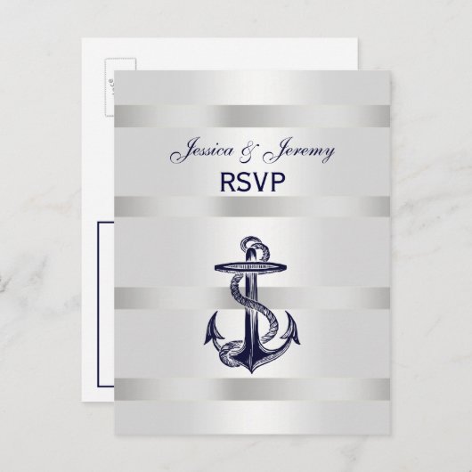 Nautical Navy Blu Anchor Silver Wht RSVP 1 Uitnodiging Briefkaart (Voorkant / Achterkant)