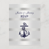 Nautical Navy Blu Anchor Silver Wht RSVP 1 Uitnodiging Briefkaart (Voorkant)