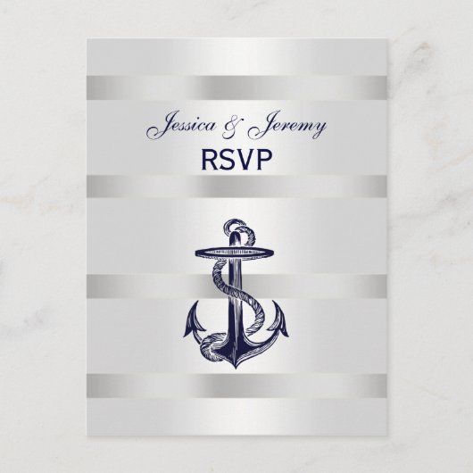 Nautical Navy Blu Anchor Silver Wht RSVP 1 Uitnodiging Briefkaart (Voorkant)