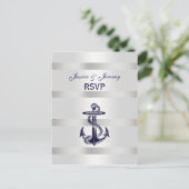 Nautical Navy Blu Anchor Silver Wht RSVP 1 Uitnodiging Briefkaart (Staand voorkant)