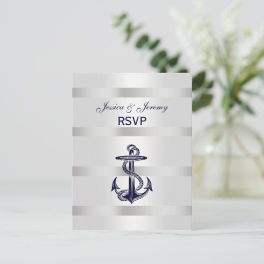 Nautical Navy Blu Anchor Silver Wht RSVP 1 Uitnodiging Briefkaart (Staand voorkant)