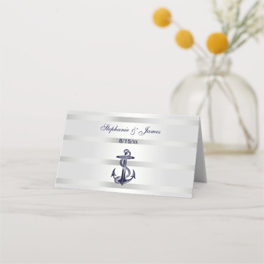 Nautical Navy Blu Anker Silver Wht Escort Kaarten Plaatskaartje (Voorkant)